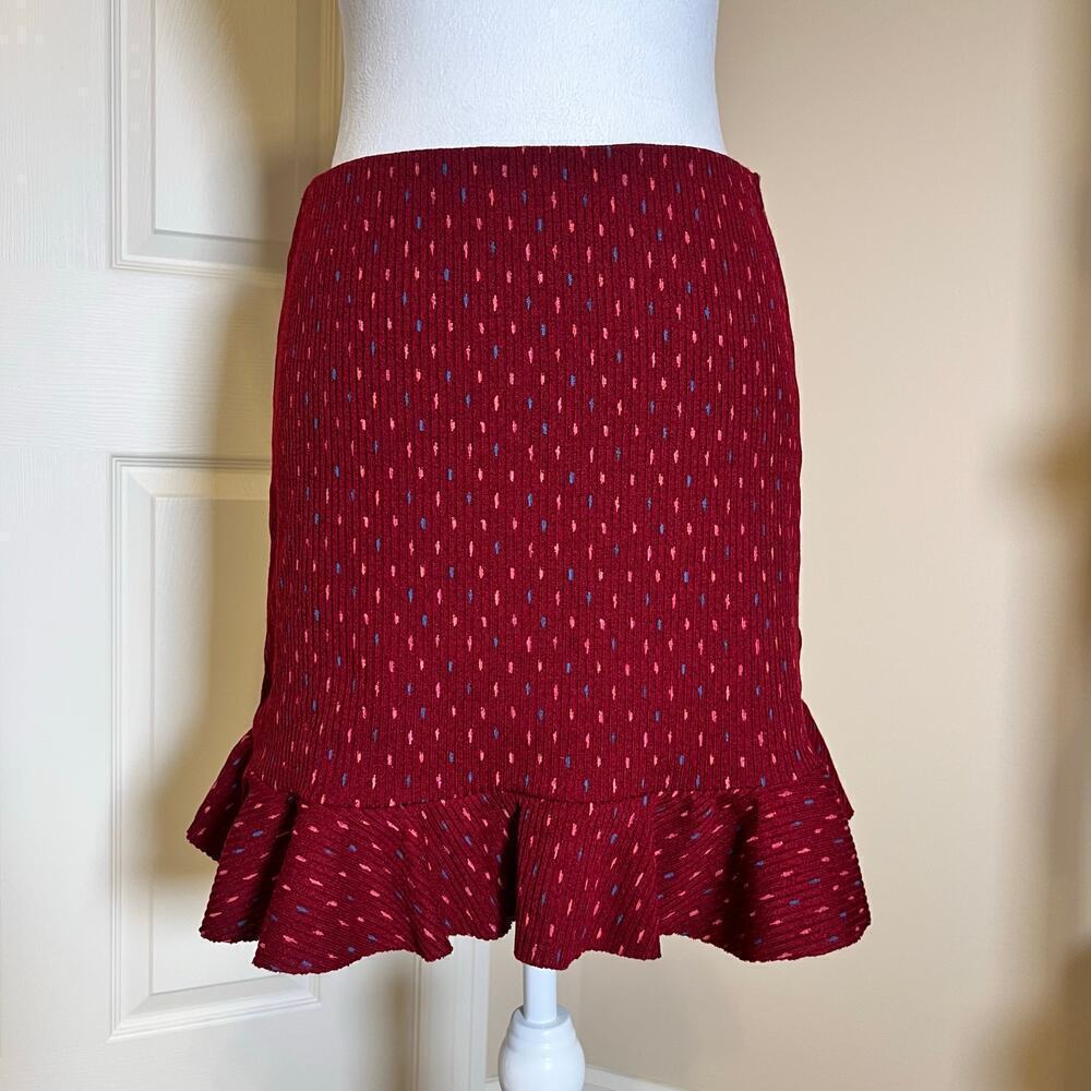 Free People Red Sweater Skirt Ruffle Bottom Pink and Blue Dash Print Size Medium